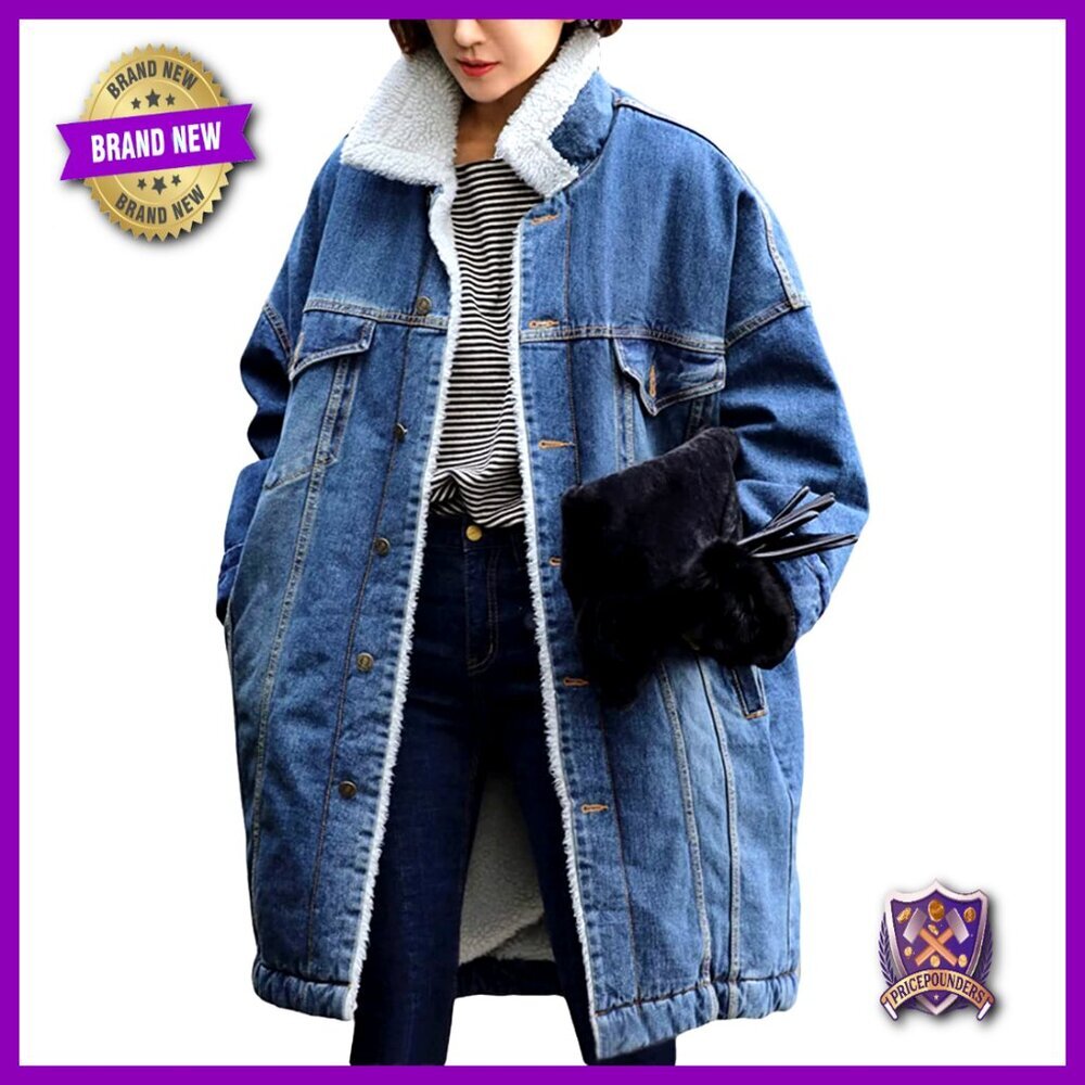 Thick Fleece Lined Quilted Denim Jacket Oversized Retro Chic Winter Overcoat